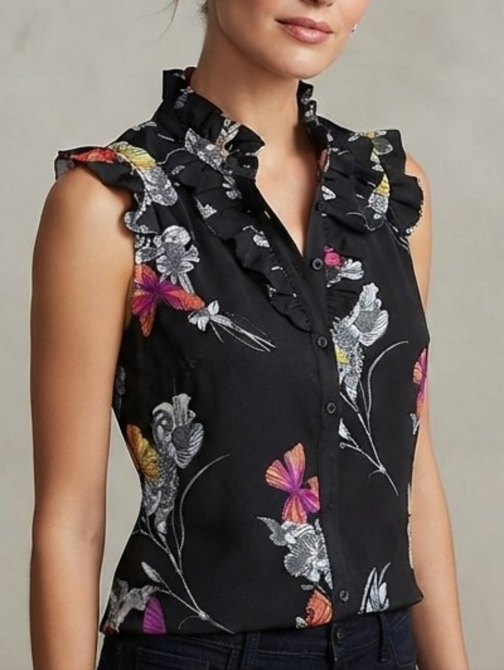New York & Company Black Sleeveless Floral Ruffle Button-Up Top Sz L